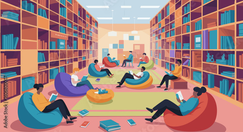 A vibrant illustration of a modern library with diverse people relaxing on beanbag chairs.