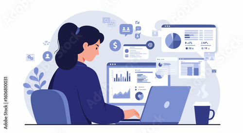 Professional woman analyzing financial data on a digital dashboard, business intelligence concept.