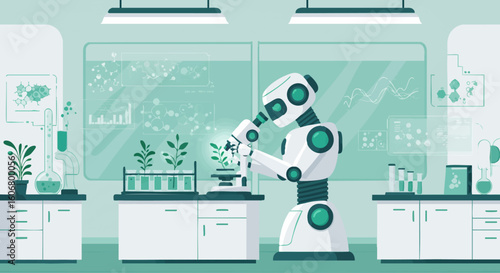 AI robot in a futuristic lab conducting biotechnology research on plant genetics with a microscope