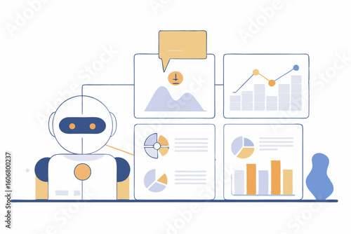 Robot analizujący dane na panelu analitycznym. Koncepcja sztucznej inteligencji, big data i automatyzacji biznesu.