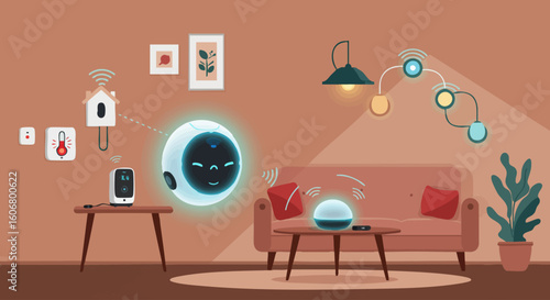 Futuristic smart home concept with an AI robot assistant managing connected devices in a modern living room interior.