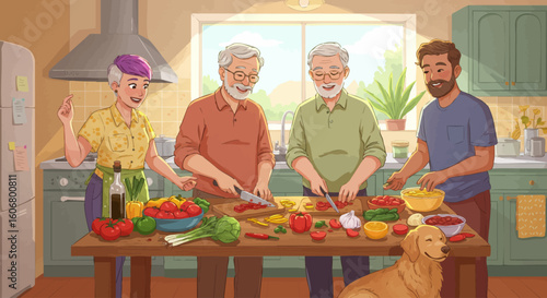 A diverse multi-generational family and friends happily preparing a healthy vegetable meal together in a sunlit kitchen.