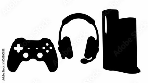 Silhouette of a gaming console controller headset and tower representing video game equipment setup | editable eps vectors