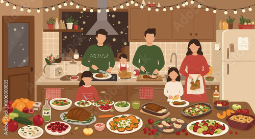 A large family gathers to cook and celebrate a holiday feast, enjoying the warmth and togetherness in their cozy kitchen.