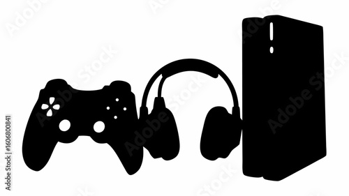 Silhouette of a game console with a controller and headphones displayed on a white background scene | editable eps vectors
