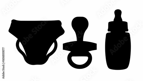 Black silhouettes of a diaper, pacifier, and baby bottle arranged in a horizontal composition design | editable eps vectors