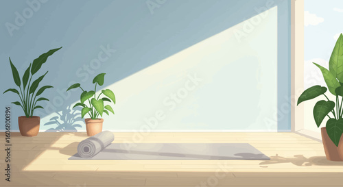 Serene interior space with a yoga mat, potted plants, and natural light for a healthy lifestyle concept.