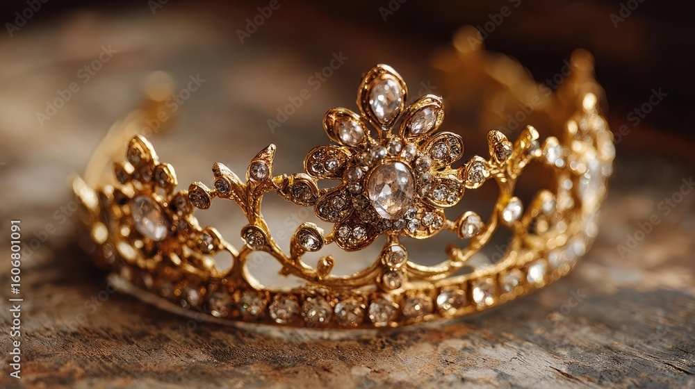 Obraz premium Line tiara in retro vintage concept. Elegant golden tiara adorned with dazzling gemstones and details.
