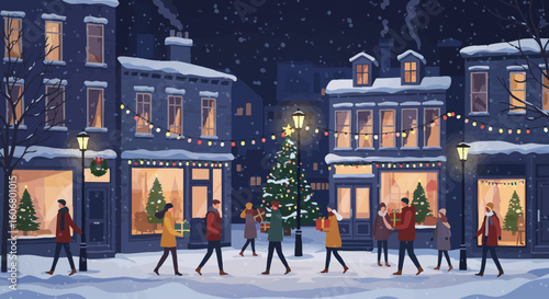 Winter Holiday Scene Festive Town Square Gathering Under Snowfall With Decorated Buildings and Christmas Tree