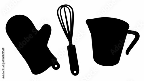 Silhouette of oven mitt, whisk, and measuring cup kitchen utensils on a white background design element | editable eps vectors