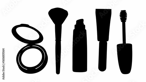 Silhouette depiction of makeup items including powder compact brush lotion tube and mascara applicator and tube | editable eps vectors