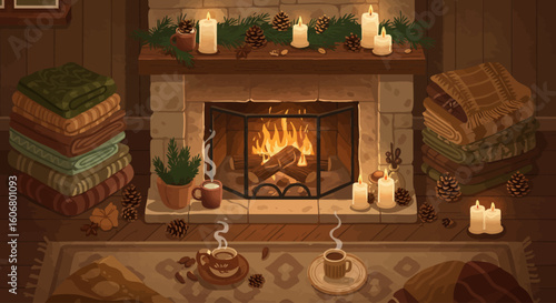 Pixel art illustration of a cozy living room with a stone fireplace, hot beverages, and warm blankets for a relaxing winter night.