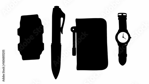 Silhouette illustration of a smartwatch, pen, wallet and wristwatch on a white background plain style | editable eps vectors