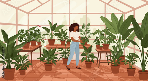 A woman nurtures her lush collection of houseplants inside a beautiful glass greenhouse, embracing a calm and green lifestyle.