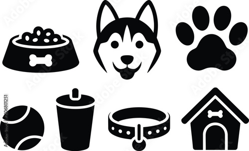 Dog icons set vector illustration of husky paw print bowl ball house collar and drink icon set