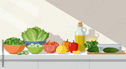 Healthy eating concept with a collection of fresh vegetables, herbs, and olive oil for salad preparation in a bright kitchen.