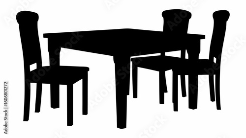 Silhouette of a dining table with three chairs arranged around it in a simple and elegant setting view | editable eps vectors