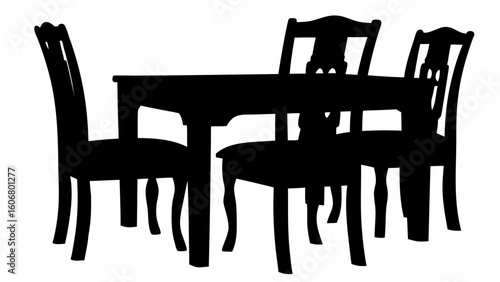 Silhouette illustration of a rectangular table surrounded by four ornate chairs on a white background | editable eps vectors