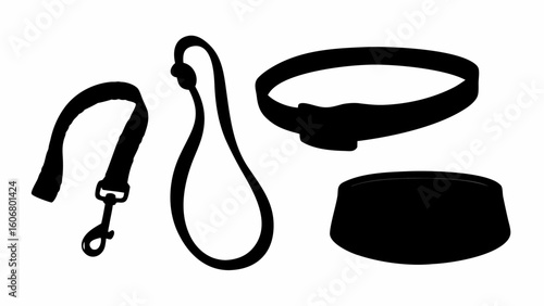 Illustration of a dog collar, leash with clip, rope leash, and a dog bowl in black and white style | editable eps vectors silhouette