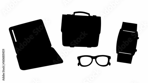 Silhouette of a laptop briefcase glasses and smartwatch arranged on a white surface with a simple style | editable eps vectors