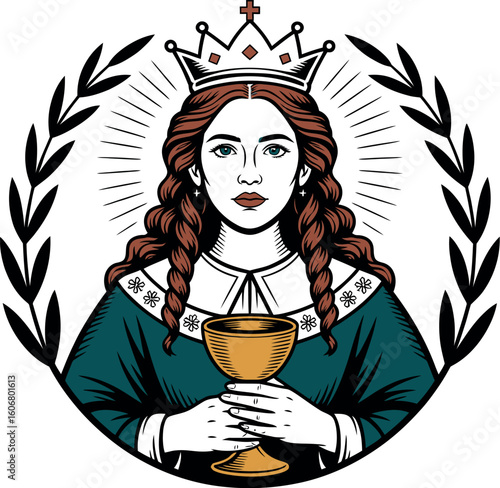 Illustration of a woman with a crown holding a chalice surrounded by a laurel wreath design