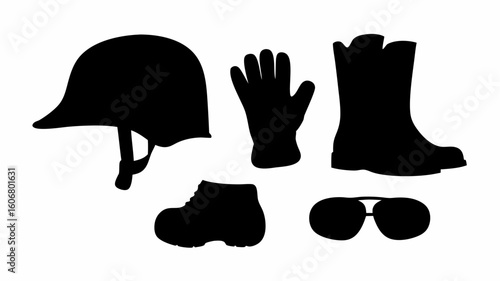 Silhouette illustration of a helmet, glove, boot, shoe, and aviator sunglasses on a white background | editable eps vectors