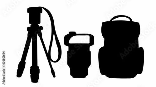 Silhouette of camera equipment including a tripod flash and backpack displayed on a white background | editable eps vectors