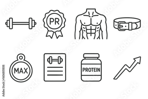Fitness icons: dumbbell, medal, muscles, belt, max weight, workout plan, protein, growth
