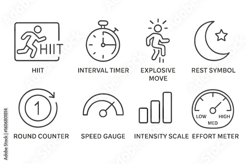 Hiit workout icons: interval timer, explosive moves, rest, rounds, speed, intensity, effort
