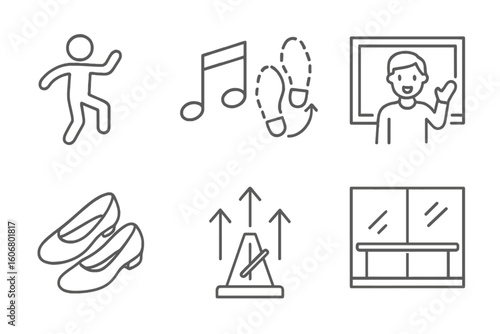Dance class elements sketch - music notes, shoes, metronome, mirror, instructor, footsteps