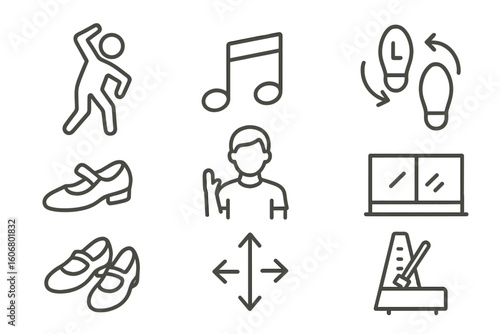 Dance icons set featuring shoes, music, steps, metronome, and dancer outline