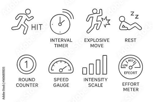 Illustrated fitness icons: hit, interval timer, explosive move, rest, round counter, speed gauge, intensity scale, effort meter