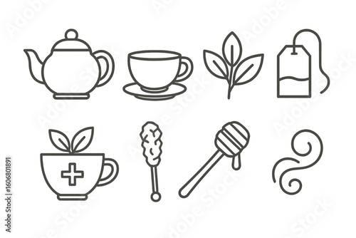 Tea collection: teapot, cup, leaves, bag, medicinal, infuser, honey dipper, swirl