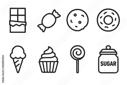 Simple line icons of various sweet treats and desserts on white background