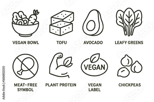 Vegan diet icons: vegan bowl, tofu, avocado, leafy greens, plant protein symbols