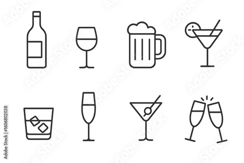 Icon set of various alcoholic beverages including wine, beer, and cocktails