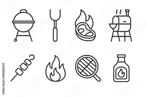 Barbecue icons set: grill, utensils, flame, meat, sauce bottle