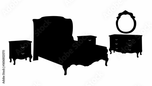 Silhouette depiction of a bedroom set including a bed two nightstands and a dresser with mirror | editable eps vectors