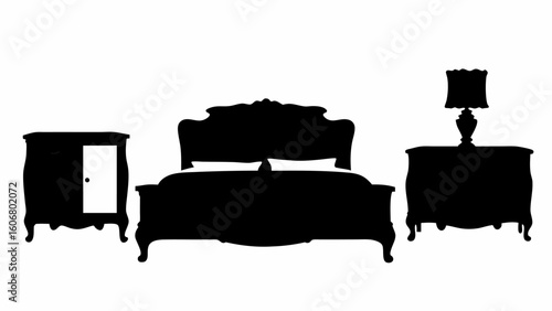 Silhouette of a bedroom set including a bed nightstand lamp and dresser in a dark black color scheme | editable eps vectors