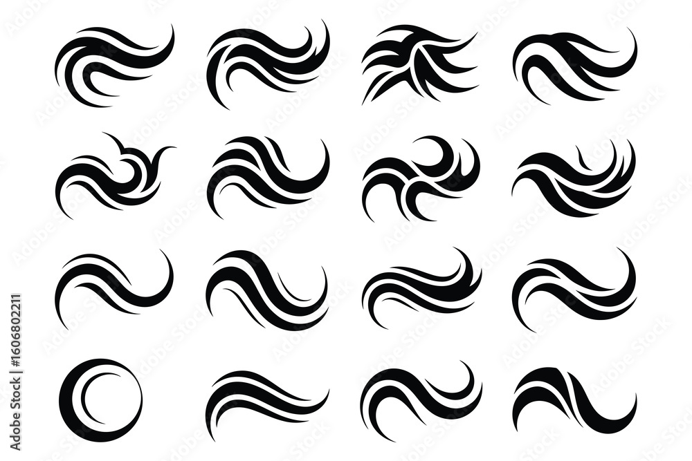 Fototapeta premium Collection of abstract swirling brush stroke wavy circular shapes, elements, and decorative design motifs on a white background
