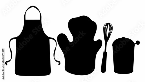 Silhouette of an apron oven mitt whisk and pot representing cooking and kitchen utensils and equipment | editable eps vectors