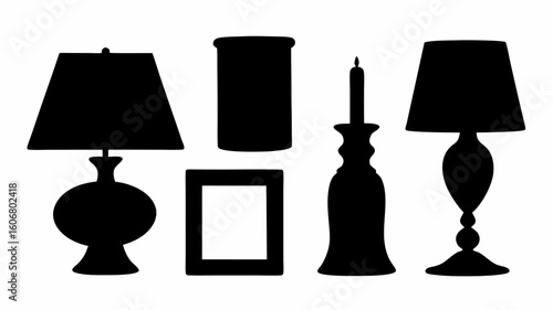 Silhouette illustration of two lamps a candle a container and a frame against a white background | editable eps vectors