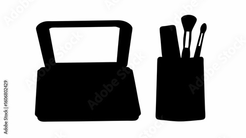 Silhouette of makeup compact with mirror and makeup brushes in a container on a white background | editable eps vectors