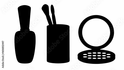 Illustration of nail polish bottle makeup brushes in holder and compact mirror on a white background | editable eps vectors silhouette