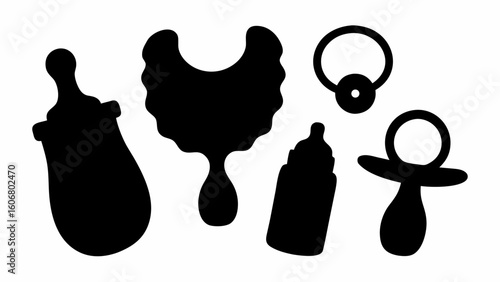 Silhouette illustration of baby accessories including bottles bib rattle and pacifier on white background | editable eps vectors