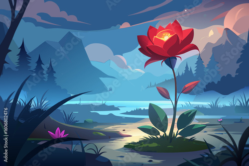vector of A living red flower alone in a misty landscape with soft light shining in the twilight hours...