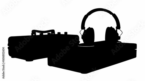 Silhouette of a record player with a handle and knobs next to headphones on a flat surface | editable eps vectors