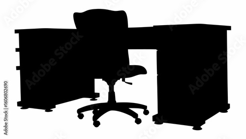 Silhouette of a desk with two cabinets and an office chair in the center of the composition view | editable eps vectors