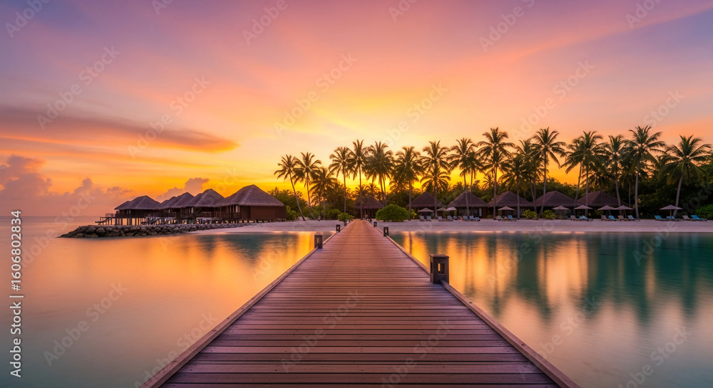 Fototapeta premium Wooden pier leads to tropical bungalows at sunset, reflecting in calm water, showcasing idyllic beach resort scenery, perfect for travel or vacation concepts