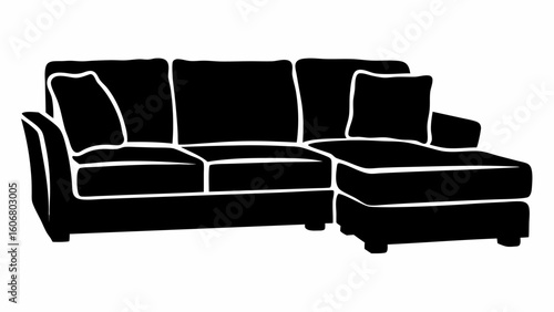 Illustration of a black sectional sofa with white outlines and two pillows on a white background | editable eps vectors silhouette